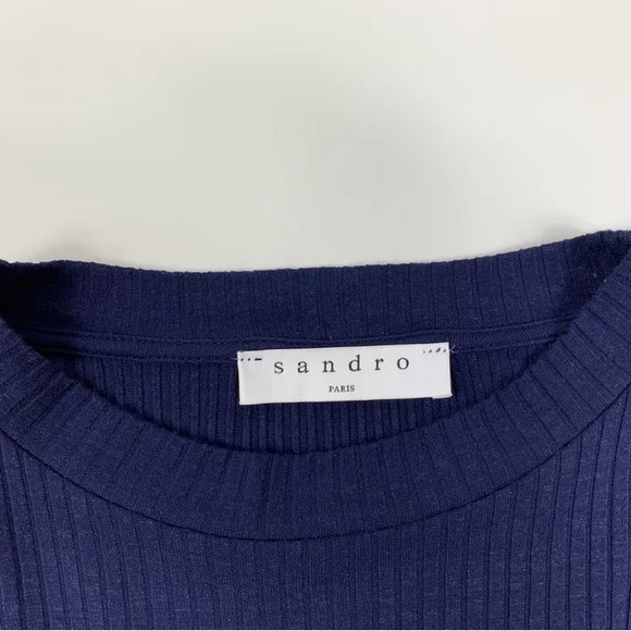 Sandro Paris Ribbed Stretch Knit Striped Shirt Back Tunic Top Blue Size 2 - Picture 3 of 5